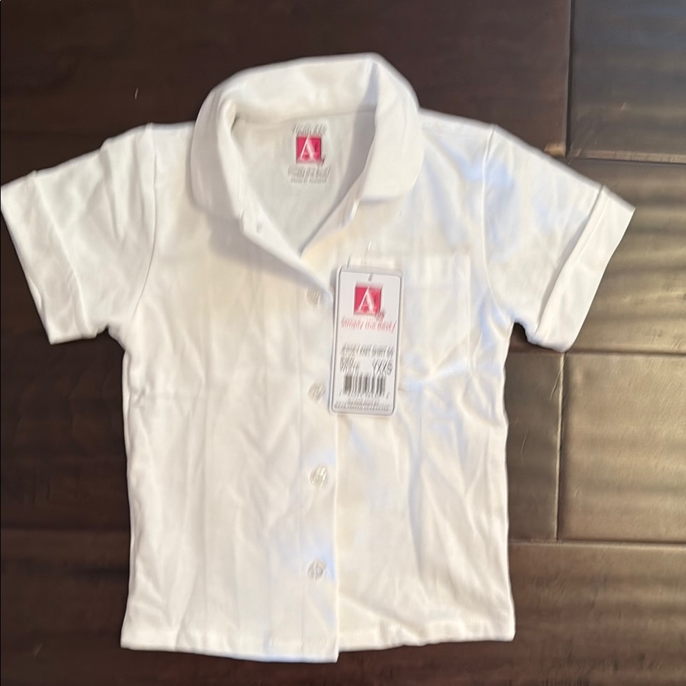 NWT A+ Girls Uniform Jersey Knit Peter Pan Button Down Shirt! Size YXXS!